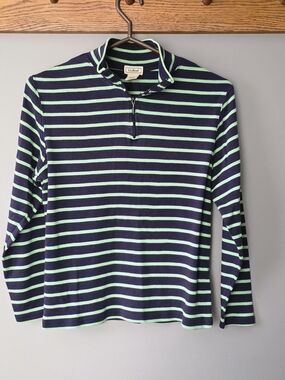 100 % Cotton. Navy and green striped quarter-zip pullover from L.L.Bean
